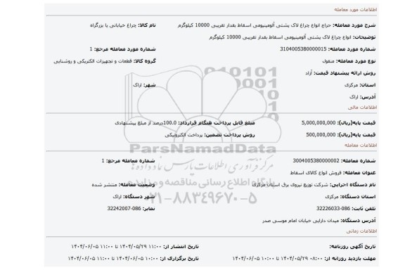 مزایده، انواع چراغ لاک پشتی آلومینیومی اسقاط بقدار تقریبی 10000 کیلوگرم