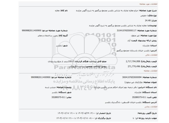 مزایده، مغازه تجاری به نشانی بابلسر مجتمع بزرگمهر به شرح آگهی مزایده