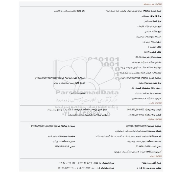 مزایده، فروش اموال توقیفی بابت ضبط وثیقه