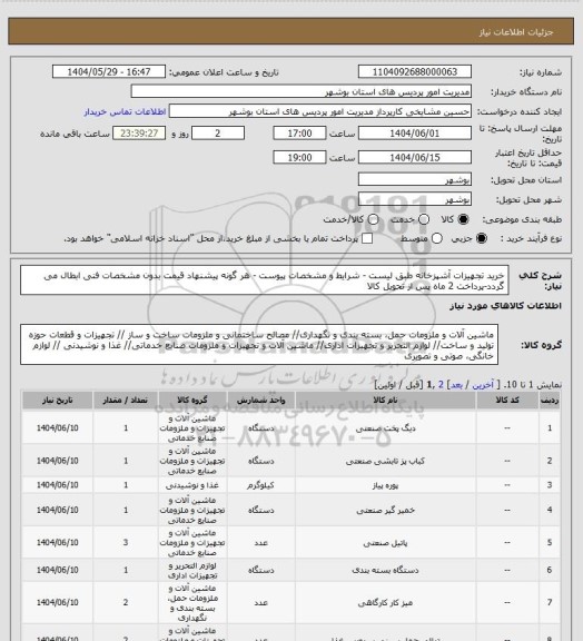 استعلام خرید تجهیزات آشپزخانه طبق لیست - شرایط و مشخصات پیوست - هر گونه پیشنهاد قیمت بدون مشخصات فنی ابطال می گردد-پرداخت 2 ماه پس از تحویل کالا