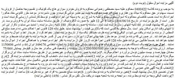 مزایده  فروش خودرو سواری هاچ بک کوئیک