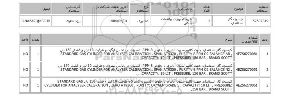 استعلام کپسول گاز استاندارد
