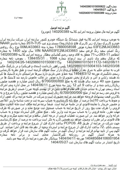 مزایده فروش یک دستگاه خودرو پانوراما هاچ بک