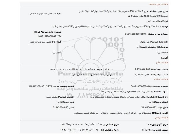 مزایده، 2 دانگ و3501ده هزارم دانگ مشاع از3دانگ مشاع از6دانگ پلاک ثبتی شماره6466فرعی از6556اصلی بخش 8 یزد