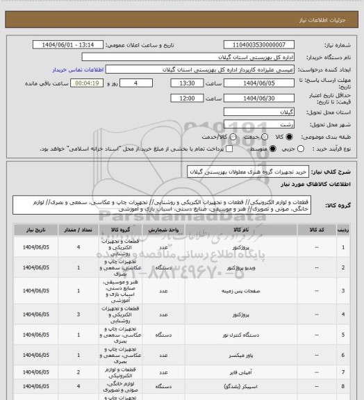 استعلام خرید تجهیزات گروه هنری معلولان بهزیستی گیلان