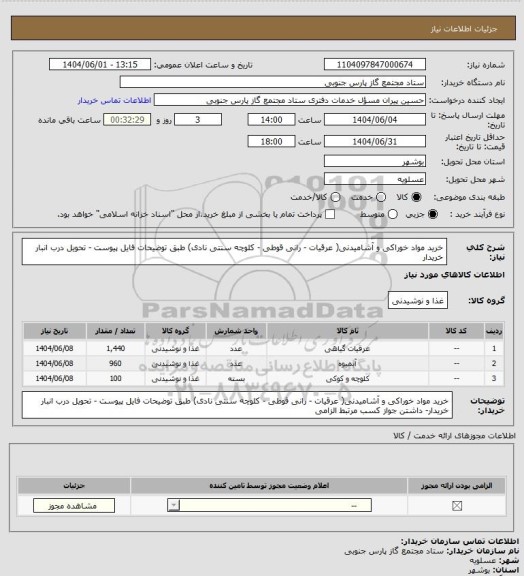 استعلام خرید مواد خوراکی و آشامیدنی( عرقیات - رانی قوطی - کلوچه سنتی نادی) طبق توضیحات فایل پیوست - تحویل درب انبار خریدار