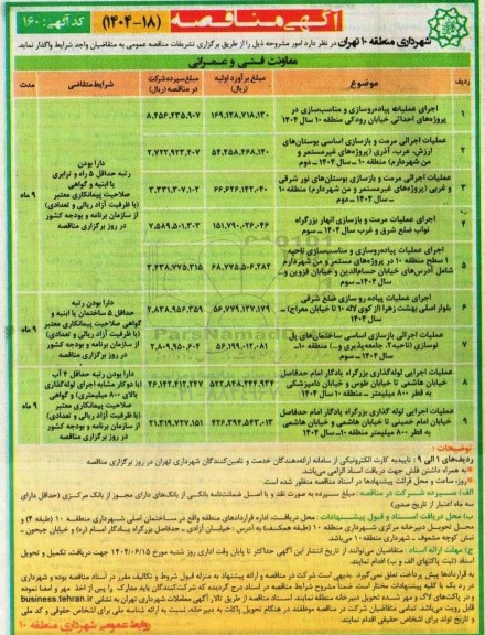 مناقصه اجرای عملیات پیاده روسازی و مناسب سازی در پروژه های احداثی خیابان....
