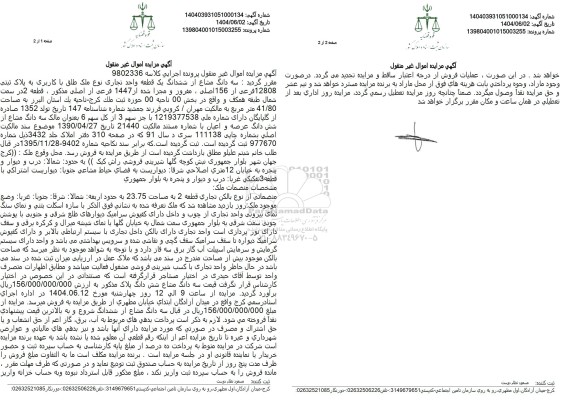 مزایده فروش سه دانگ از ششدانگ یک قطعه واحد تجاری با پلاک ثبتی 12808 فرعی از 156 اصلی