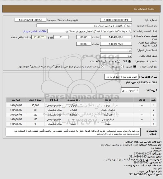 استعلام اقلام مورد نیاز از قبیل:برنج و...