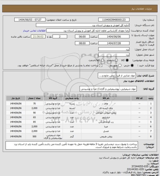 استعلام مواد غذایی از قبیل:روغن مایع و....