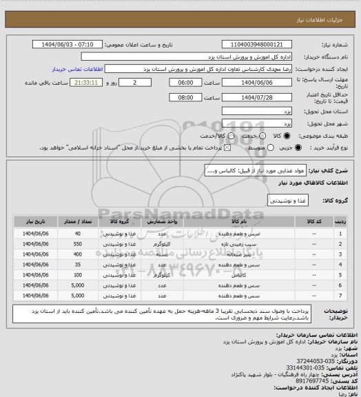 استعلام مواد غذایی مورد نیاز از قبیل: کالباس و....