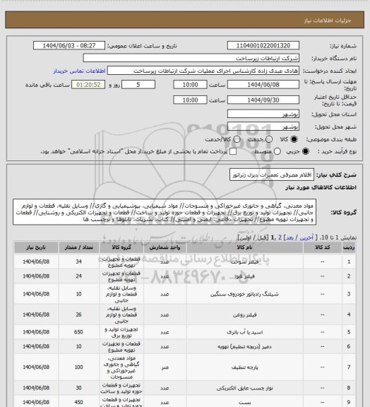 استعلام اقلام مصرفی تعمیرات دیزل ژنراتور