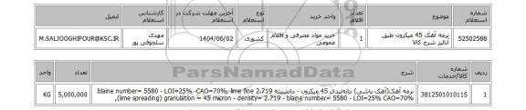 استعلام نرمه آهک 45 میکرون طبق آنالیز شرح کالا