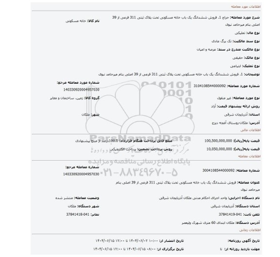 مزایده، 1.	فروش ششدانگ یک باب خانه مسکونی تحت پلاک ثبتی 311 فرعی از 39 اصلی بنام میرحامد نبوی