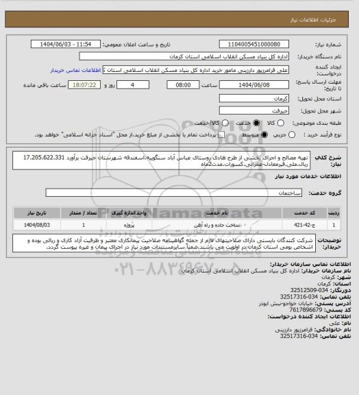 استعلام تهیه مصالح و اجرای بخشی از طرح هادی روستای عباس آباد سنگوییه.اسفندقه شهرستان جیرفت برآورد 17.205.622.331 ریال.ملی.قیرمعادل-عمرانی.کسورات.مدت2ماه