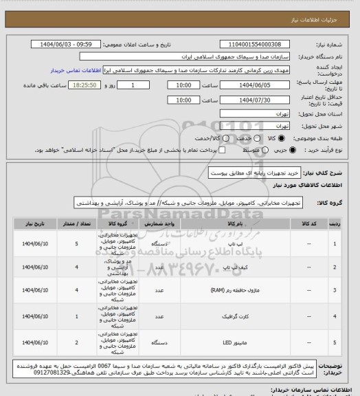 استعلام خرید تجهیزات رایانه ای مطابق پیوست