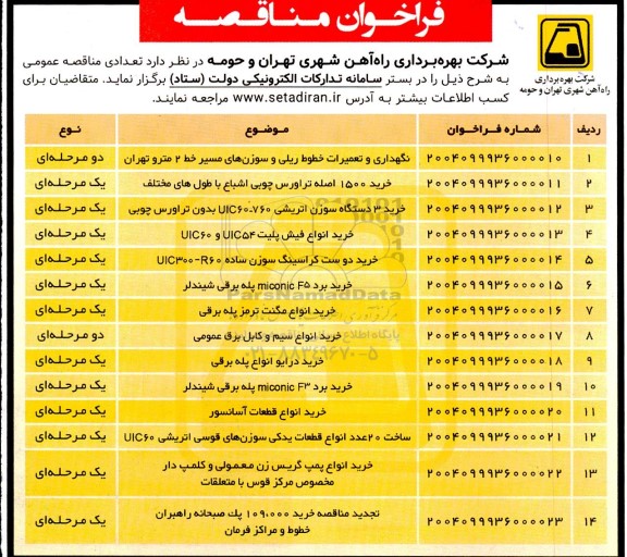مناقصه نگهداری و تعمیرات خطوط ریلی و سوزن های مسیر خط 2 مترو تهران و...
