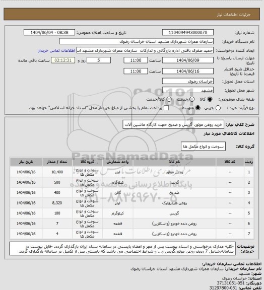 استعلام خرید روغن موتور، گریس و ضدیخ جهت کارگاه ماشین آلات