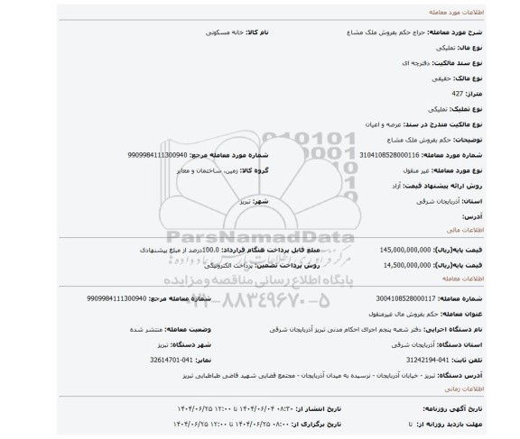 مزایده، حکم بفروش ملک مشاع