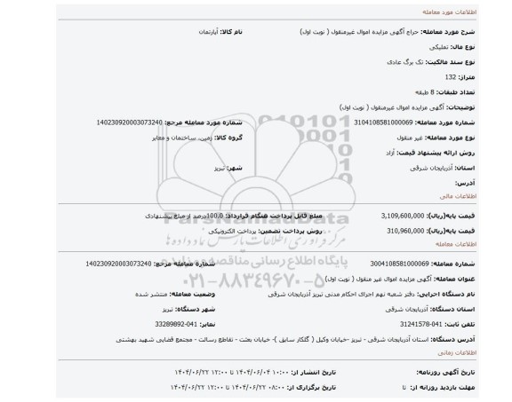 مزایده،  آگهی مزایده اموال غیرمنقول ( نوبت اول)