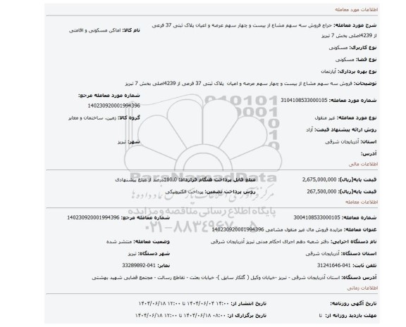 مزایده، فروش سه سهم مشاع از بیست و چهار سهم عرصه و اعیان  پلاک ثبتی 37 فرعی از 4239اصلی بخش 7 تبریز