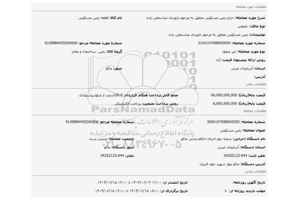 مزایده، زمین مسکونی متعلق به مرحوم تاروردی عباسعلی زاده