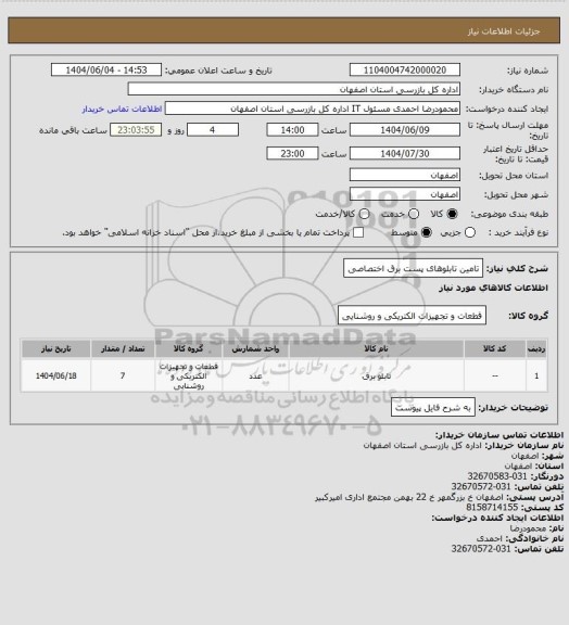 استعلام تامین تابلوهای پست برق اختصاصی