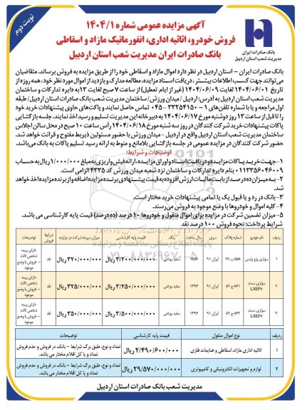 مزایده فروش خودرو، اثاثیه اداری انفورماتیک مازاد و اسقاطی- نوبت دوم