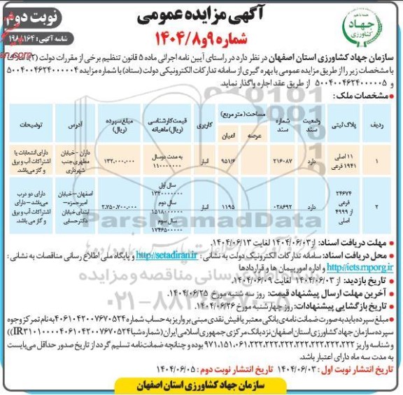 مزایده واگذاری اجاره املاک ​​​​​​​نوبت دوم 