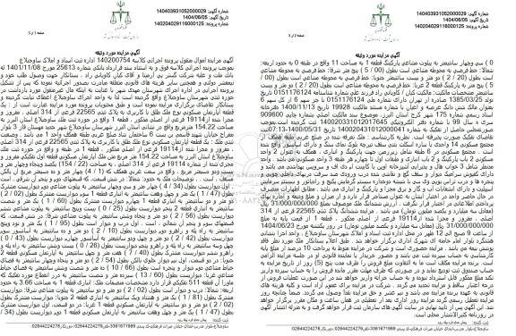 مزایده یک قطعه آپارتمان مسکونی تحت پلاک ثبتی 22565 فرعی از 314 اصلی، مفروز و مجزی شده از 19114 فرعی