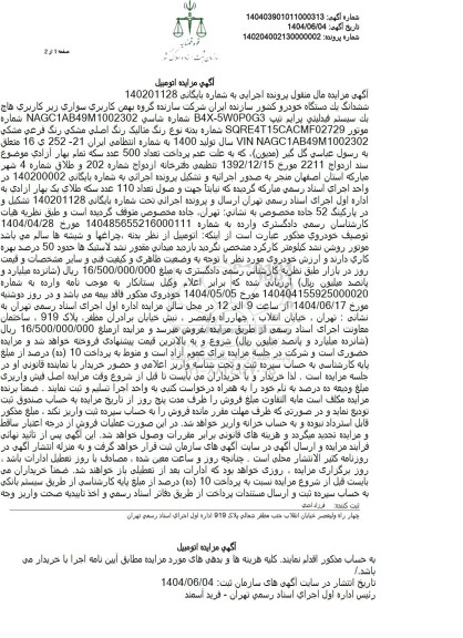 مزایده فروش ششدانگ یک دستگاه خودرو هاچ بک 