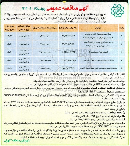 مناقصه عملیات ایجاد دسترسی بلوار گلاب به انتهای کوچه جاودان شرقی ...