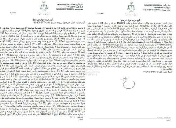 مزایده فروش سه دانگ از ششدانگ یک قطعه آپارتمان مسکونی با پلاک ثبتی 7929 فرعی از 19 اصلی