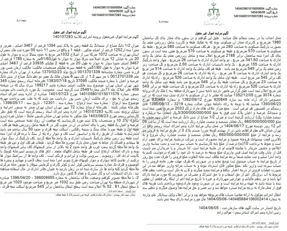 مزایده فروش یک قطعه زمین با پلاک ثبتی 1394 فرعی از 3467 اصلی