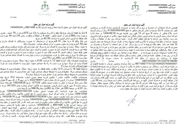 مزایده شش دانگ یک قطعه آپارتمان با کاربری مسکونی به پلاک ثبتی 875 فرعی از 79 اصلی