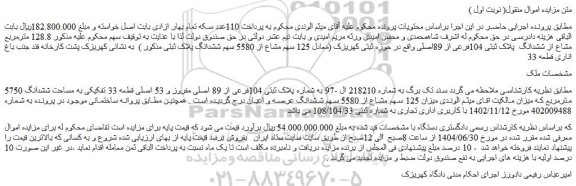 مزایده ملک به شماره پلاک ثبتی 104فرعی از 89 اصلی مفروز و 53 اصلی قطعه 33 تفکیکی به مساحت ششدانگ 5750 مترمربع