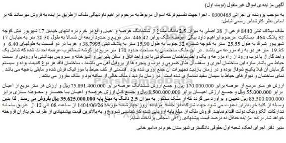 مزایده ملک بپلاک ثبتی 8440 فرعی از 38 اصلی به میزان 2.5 دانگ مشاع از ششدانگ عرصه و اعیان
