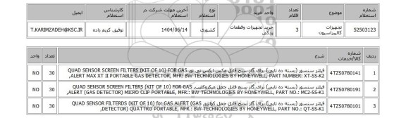 استعلام تجهیزات کالیبراسیون