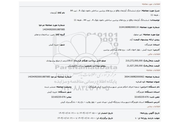 مزایده، ششدانگ آپارتمان واقع در برج های پرشین ساحلی دامون بلوک A ، تیپ A4 ، طبقه 11
