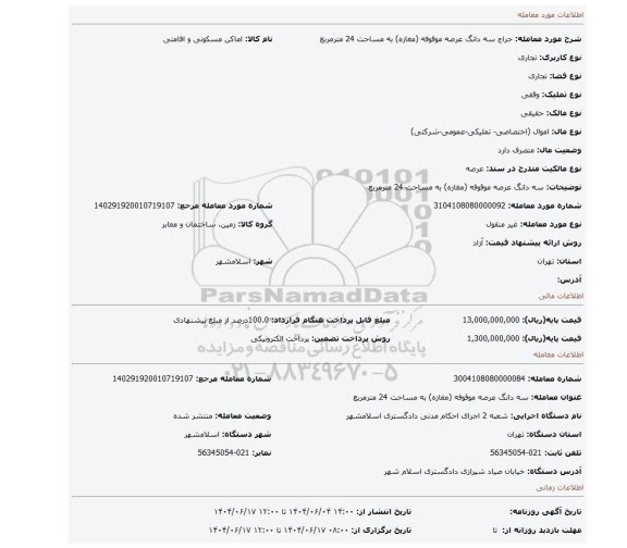 مزایده، سه دانگ عرصه موقوفه (مغازه) به مساحت 24 مترمربع