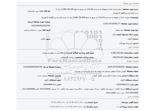 مزایده، مزایده خانه و محوطه به مساحت219.43 متر مربع به مبلغ 5.485.750.000 ریال به شرح کارشناسی(قطعه 6 نظریه)