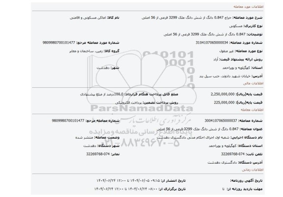 مزایده، 0.847 دانگ از شش دانگ ملک 3299 فرعی از 56 اصلی