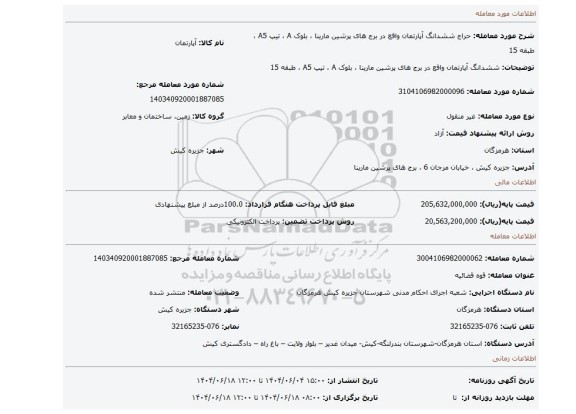 مزایده، ششدانگ آپارتمان واقع در برج های پرشین مارینا ، بلوک A ، تیپ A5 ، طبقه 15