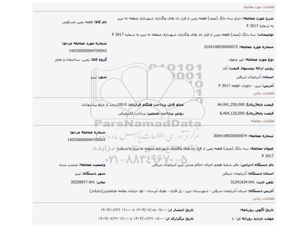 مزایده، سه دانگ (نصف) قطعه زمین از قرار داد های واگذاری شهرداری منطقه نه تبریز به شماره 3017 P