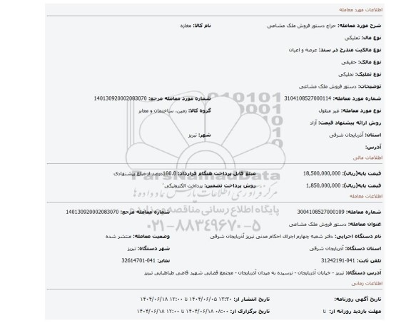 مزایده، دستور فروش ملک مشاعی