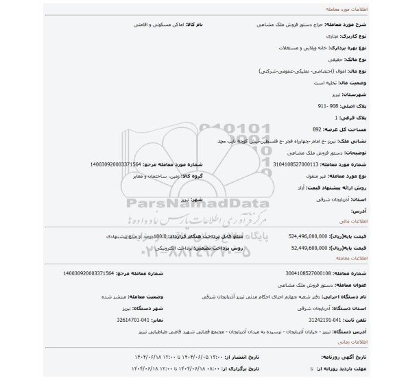 مزایده، دستور فروش ملک مشاعی