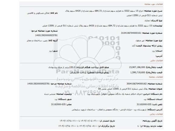 مزایده، 15 سهم 5322 ده هزارم سهم مشاع از 684.72 سهم مشاع از 6420 سهم پلاک ثبتی شماره 511 فرعی از 13591 اصلی
