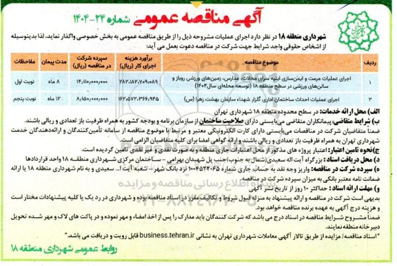 مناقصه اجرای عملیات مرمت و ایمن سازی ابنیه سرای محلات...