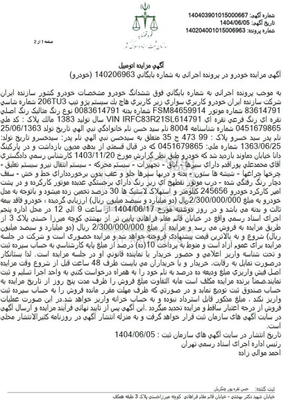 مزایده فروش یک دستگاه هاچ بک سیستم پژو تیپ 206