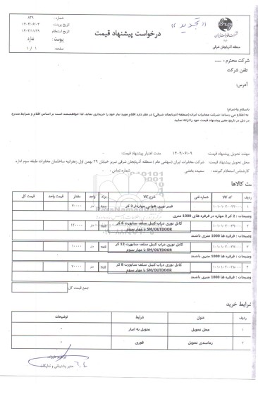 استعلام فیبرنوری هوایی مهاردار 2 کر ..